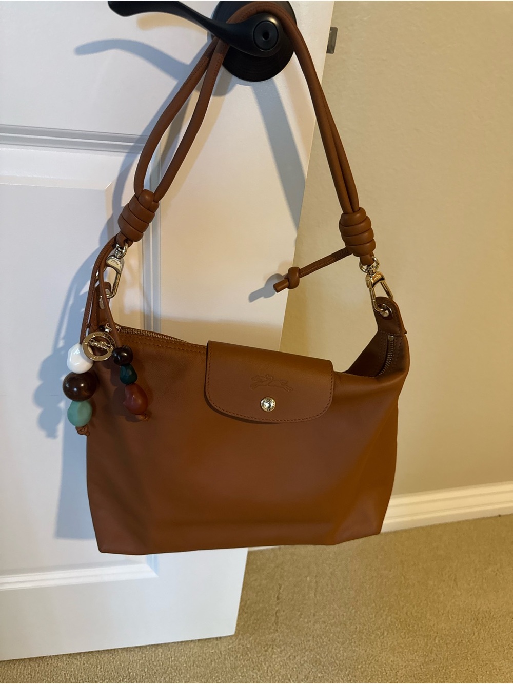 Longchamp Brown Leather Shoulder Bag with Bead Charm
